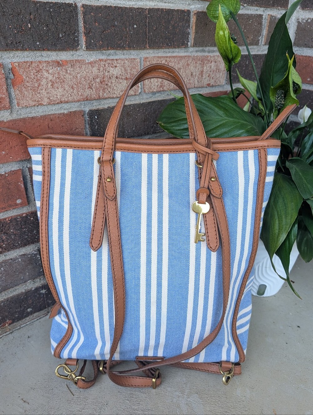 💙EUC Fossil Camila Canvas & Leather Zip Top Adjustable Backpack Bag, Unisex